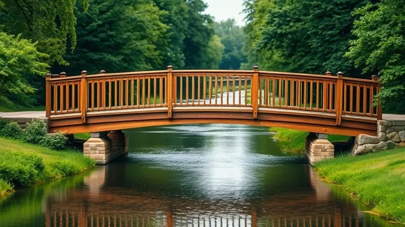 A photorealistic image of a sturdy, elegant wooden bridge spanning a gentle river, connecting two lush, green riverbanks. The bridge is well-maintained, symbolizing strong professional connections. Cinematic lighting, sharp focus on the bridge, depth of field blurring the background, 8K hyper-detailed, shot on a high-end DSLR.