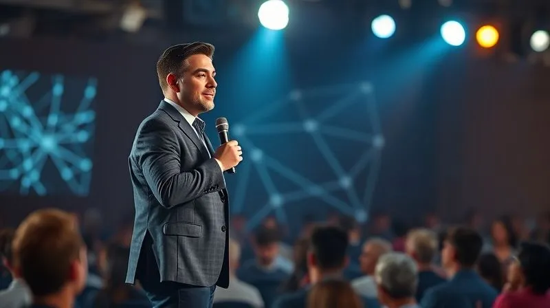 A photorealistic image of a confident, charismatic professional standing on a stage bathed in cinematic light, addressing a captivated audience. A spotlight highlights their presence, symbolizing expertise and authority. The background shows a subtle, blurred graphic of interconnected networks. Sharp focus on the speaker's engaging expression, depth of field, 8K hyper-detailed, shot on a high-end DSLR.