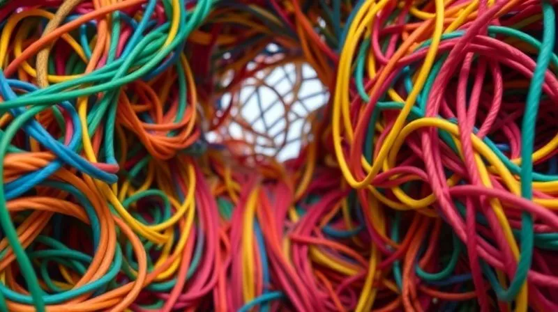 A photorealistic, overhead shot of a complex, tangled knot of brightly colored ropes, with one clear, untangled pathway emerging from the chaos and leading towards a bright, open space. Cinematic lighting, sharp focus on the untangled path, depth of field blurring the background, 8K hyper-detailed, shot on a high-end DSLR.