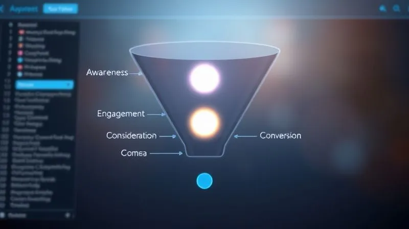 A photorealistic image of a clear, elegant sales funnel, with different stages labeled as 'Awareness', 'Engagement', 'Consideration', and 'Conversion'. A single, glowing orb is moving smoothly through the funnel, symbolizing a lead progressing. The background is a soft, professional digital interface, 8K hyper-detailed, cinematic lighting, sharp focus on the funnel, depth of field.