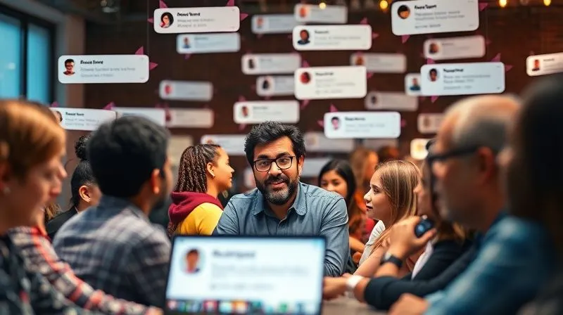 A photorealistic image of a vibrant, diverse online community engaging in a live Q&A session on a social media platform. Multiple chat bubbles and user profiles are visible, with a central figure (the consultant) actively responding. The mood is energetic and collaborative, with cinematic lighting, sharp focus on the interaction, depth of field, 8K hyper-detailed, professional photography.