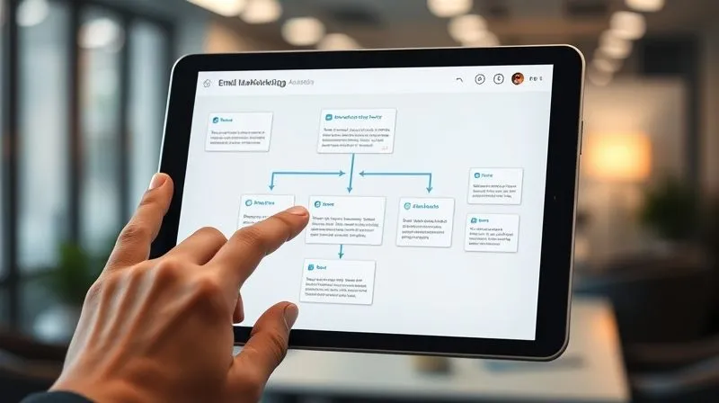 A photorealistic image of a person's hand interacting with a tablet, displaying an email marketing automation flow. Various email templates and branching paths are visible, symbolizing personalized lead nurturing. The background shows a subtle, blurred office environment with cinematic lighting, sharp focus on the tablet, depth of field, 8K hyper-detailed, professional photography.