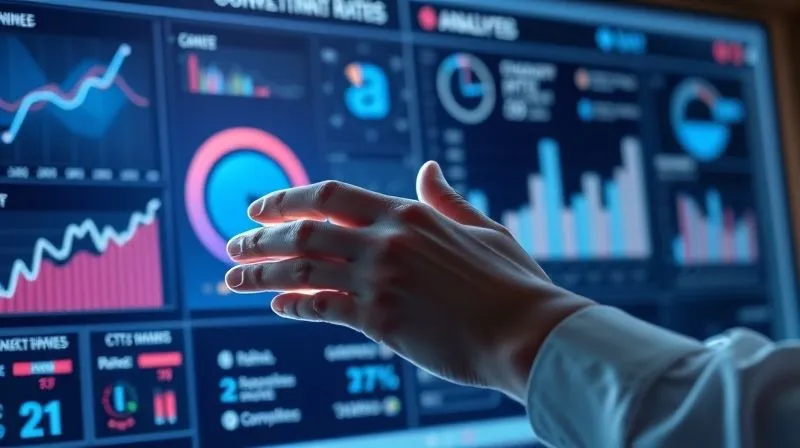 A photorealistic image of a data analyst's hands hovering over a glowing holographic dashboard displaying various marketing metrics (engagement rates, conversion rates, CTR). The dashboard is futuristic and clean, with cinematic lighting, sharp focus on the data visualization, depth of field, 8K hyper-detailed, professional photography. The analyst is making strategic decisions based on the data.