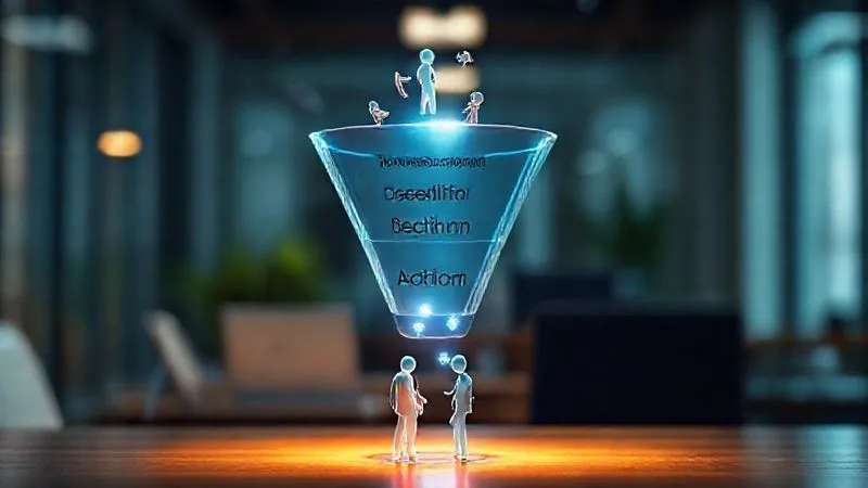 A photorealistic 3D rendering of a clear, glowing digital marketing funnel, with distinct segments labeled 'Awareness', 'Consideration', 'Decision', 'Action', and 'Retention'. Small, abstract figures are flowing into the top, becoming more defined as they move down, transforming into 'client' icons at the bottom. Cinematic lighting highlights the flow, set against a blurred background of a modern workspace. Sharp focus on the funnel, 8K hyper-detailed, professional photography.