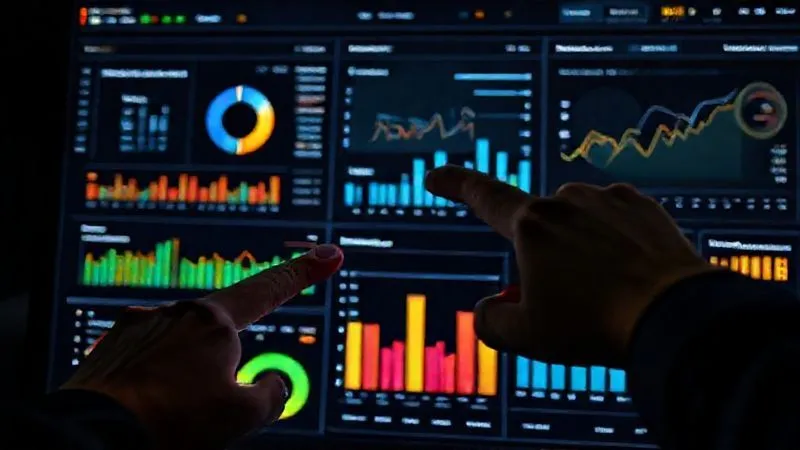A photorealistic image of a freelancer's hand pointing at a complex digital dashboard displaying various marketing analytics charts and graphs. Key metrics like 'Conversion Rate', 'Traffic Sources', and 'Client Acquisition Cost' are highlighted. The screen shows vibrant data visualizations against a dark background, with cinematic lighting emphasizing the user's interaction. Sharp focus on the dashboard, 8K hyper-detailed, professional photography.