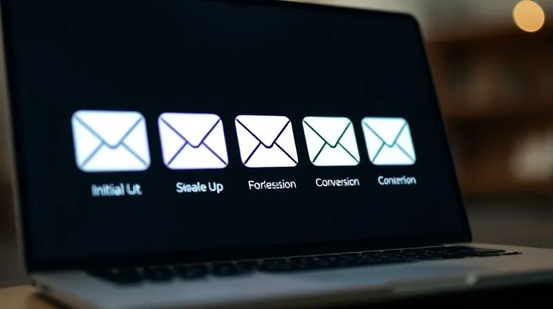 A photorealistic, professional photography of a sequence of email icons on a minimalist digital interface, symbolizing a well-structured follow-up email campaign. Each icon represents a step in the nurturing process, moving from initial contact to conversion. Cinematic lighting, sharp focus on the email sequence, depth of field blurring the background. 8K hyper-detailed, shot on a high-end DSLR.