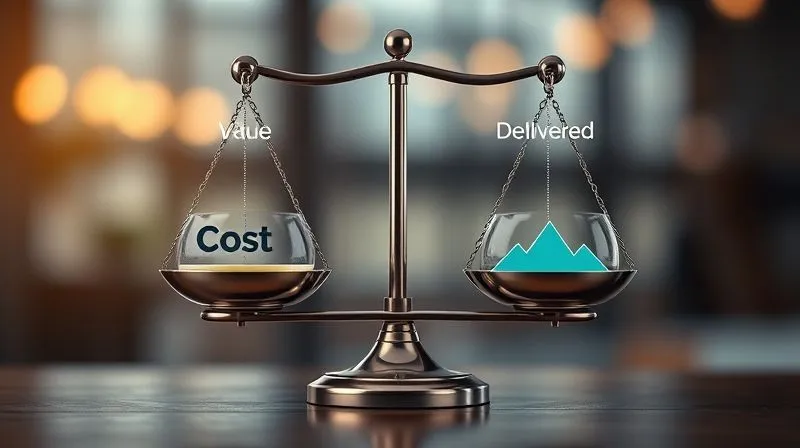 A photorealistic, professional photography of a beautifully designed infographic illustrating the concept of value-based pricing. It shows a scale balancing "Cost" on one side and "Value Delivered" on the other, with "Value Delivered" significantly outweighing "Cost." Cinematic lighting, sharp focus on the infographic, depth of field blurring the background. 8K hyper-detailed, shot on a high-end DSLR.