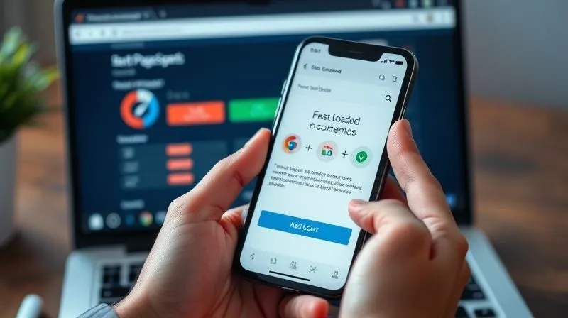 A photorealistic image of a person's hand holding a smartphone, displaying a fast-loading e-commerce website with clear product categories and a prominent "Add to Cart" button. In the background, a blurred laptop screen shows a Google PageSpeed Insights report with high scores. Cinematic lighting, sharp focus on the smartphone, depth of field. 8K hyper-detailed.