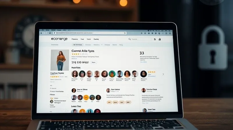 A photorealistic image of a laptop screen displaying an e-commerce product page, prominently featuring a section with customer reviews and star ratings. Several diverse customer photos are visible next to their positive testimonials. In the background, a subtle padlock icon indicates security. Cinematic lighting, sharp focus on the screen, depth of field. 8K hyper-detailed.