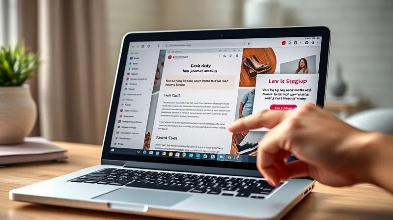 A photorealistic image of a laptop screen displaying an email marketing interface, showing a segmented list and an open email template with engaging content about new product arrivals. A hand is about to click "Send." In the background, a subtle pop-up on an e-commerce site offers a discount for email signup. Cinematic lighting, sharp focus on the laptop screen, depth of field. 8K hyper-detailed.