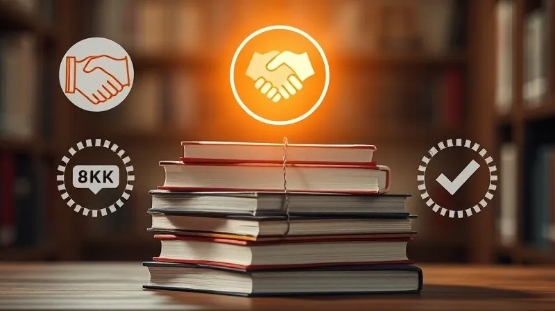 A photorealistic image of a stack of books with a glowing halo, surrounded by trust symbols like a handshake and a verified checkmark, representing credibility and authority. Soft, inviting light, sharp focus, 8K, professional photography, shot on a high-end DSLR.