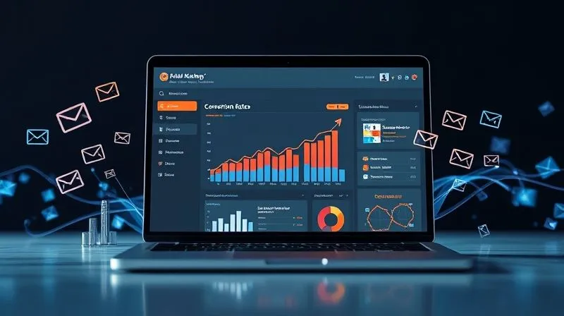 A photorealistic image of an open laptop screen displaying an email marketing dashboard with rising conversion rates, surrounded by abstract digital streams flowing into stylized email icons. Professional, clean design, 8K, cinematic lighting, sharp focus, depth of field, professional photography, shot on a high-end DSLR.