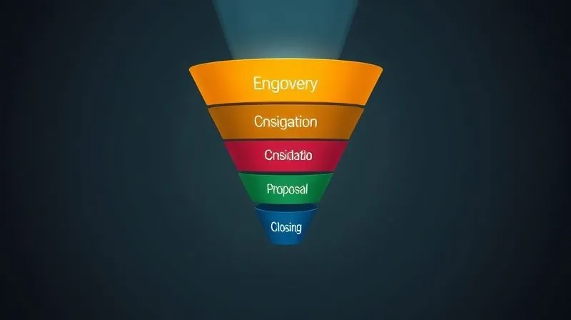 A photorealistic, professional photography, 8K, cinematic lighting, sharp focus, depth of field, shot on a high-end DSLR, showing a stylized sales funnel with distinct stages: 'Discovery', 'Engagement', 'Consideration', 'Proposal', 'Closing'. Each stage is visually distinct, with a clear flow from top to bottom, representing the customer journey. The lighting emphasizes the progression, with a bright light on the 'Closing' stage.