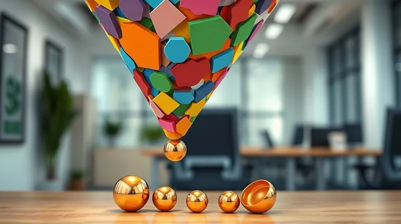 A photorealistic, professional photography, 8K, cinematic lighting, sharp focus, depth of field, shot on a high-end DSLR, depicting a filter funnel, where various colorful, indistinct shapes (representing unqualified leads) enter the top, and only a few, well-defined, gleaming golden spheres (qualified leads) emerge from the bottom. The background is a clean, modern office space, subtly out of focus.