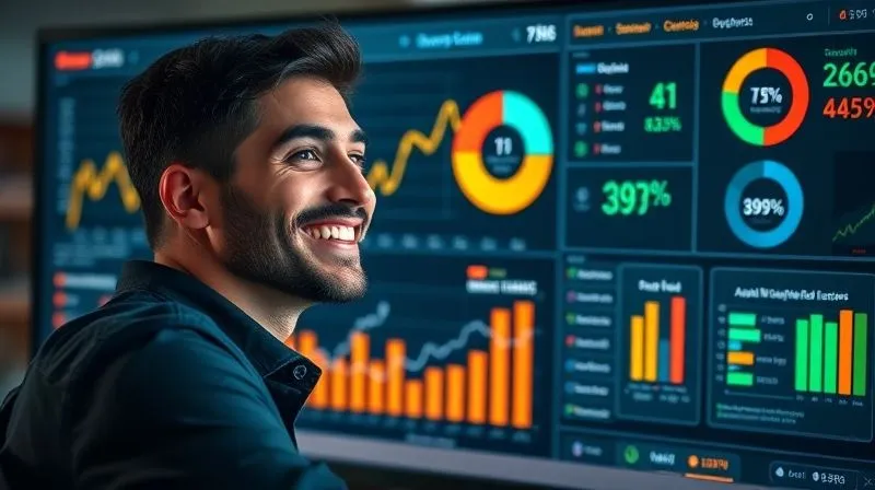 A photorealistic, professional photography, 8K, cinematic lighting, sharp focus, depth of field, shot on a high-end DSLR, showing a dashboard with various glowing charts and graphs, specifically a line graph showing a steep upward trend in 'Accepted Proposals' and a pie chart indicating a higher percentage of 'Qualified Leads'. A freelancer is smiling, looking at the data on a monitor, reflecting success and data-driven growth.