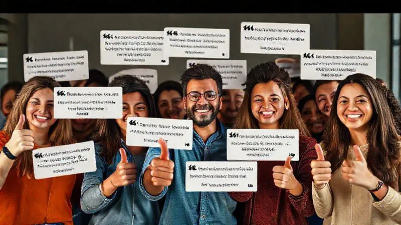 A photorealistic image of diverse people smiling and giving thumbs up, with glowing testimonial quotes floating around them, representing positive feedback and social proof, cinematic lighting, sharp focus, 8K, professional photography