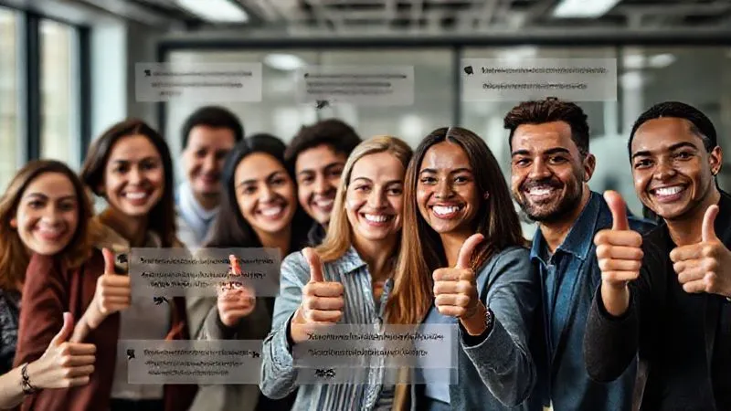 A photorealistic image of a diverse group of people smiling and giving thumbs up, with subtle text overlays of positive testimonials floating around them. Cinematic lighting, sharp focus on the faces, depth of field blurring a generic office background, 8K hyper-detailed, shot on a high-end DSLR.