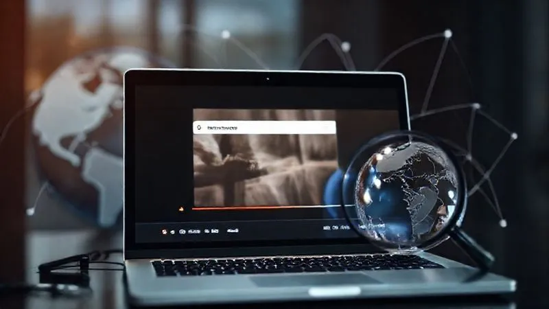 A photorealistic image of a video player interface on a laptop screen, showing a video playing with closed captions enabled. Around the laptop, there are elements like a search bar with keywords, a magnifying glass, and subtle network lines connecting to a globe, symbolizing SEO and global reach. Cinematic lighting, sharp focus on the screen, depth of field blurring the background, 8K hyper-detailed, shot on a high-end DSLR.