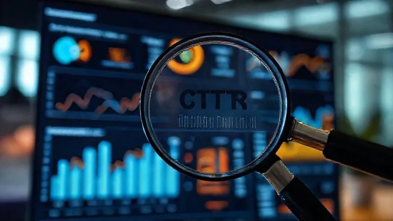 A photorealistic image of a data analytics dashboard displaying various charts and graphs related to video performance (CTR, conversion rate, watch time). A magnifying glass hovers over a specific metric, indicating close analysis. Cinematic lighting, sharp focus on the screen, depth of field blurring a modern office background, 8K hyper-detailed, shot on a high-end DSLR.