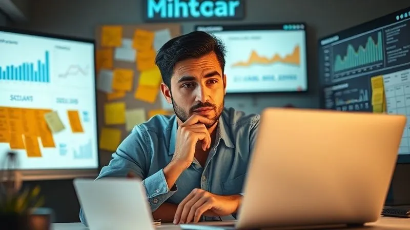 A photorealistic image of a person at a desk surrounded by sticky notes, mind maps, and digital screens displaying analytics, all focused on understanding a customer avatar. Cinematic lighting, sharp focus on the person's thoughtful expression, depth of field, 8K hyper-detailed, professional photography.