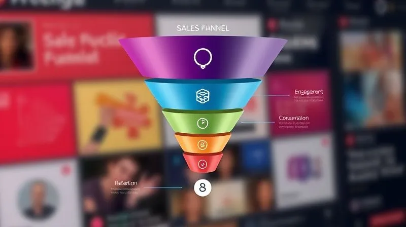 A photorealistic infographic showing a sales funnel with five distinct stages: Awareness (top, wide), Engagement, Consideration, Conversion, and Retention (bottom, narrow). Each stage is clearly labeled with relevant icons, like a lightbulb for awareness, speech bubbles for engagement, a magnifying glass for consideration, a shopping cart for conversion, and a handshake for retention. The funnel is sleek, modern, with a smooth gradient of colors, set against a blurred background of social media feeds. Cinematic lighting, sharp focus, 8K hyper-detailed, professional photography, shot on a high-end DSLR.