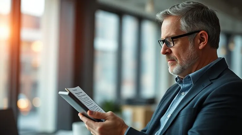 A photorealistic image of a professional copywriter, male, mid-40s, thoughtfully reviewing a client proposal on a tablet. He's in a modern, well-lit office, with a subtle background blur of city lights. His expression is focused, suggesting problem-solving and strategic thinking. Cinematic lighting highlights the tablet screen and his face, sharp focus on the details of the proposal, depth of field subtly blurring the office environment. 8K hyper-detailed, professional photography, shot on a high-end DSLR.