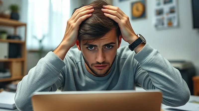 A photorealistic image of a frustrated person, late 20s, looking intensely at a laptop screen with a perplexed expression. Their hands are on their head, suggesting exasperation or confusion. The screen displays social media metrics with low conversion rates. The background is a slightly messy home office, indicating the struggles of a freelancer. Cinematic lighting, sharp focus on the person's face and the screen, depth of field blurring the background. 8K hyper-detailed, professional photography, shot on a high-end DSLR.