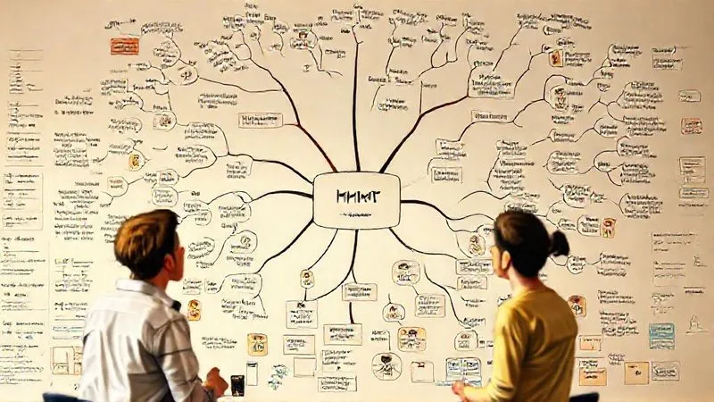 A photorealistic, detailed illustration of a mind map or a collaborative whiteboard session, showing interconnected ideas and user personas with their demographics, psychographics, pain points, and motivations. The image uses warm, inviting colors, sharp focus on the details, and depth of field to convey a sense of deep analytical work. Cinematic lighting, 8K hyper-detailed, professional photography feel.