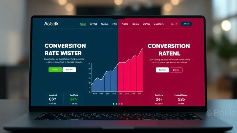 A photorealistic image of a split screen showing two different versions of a website landing page, with a 'conversion rate' graph prominently displayed, indicating a clear winner, professional photography, 8K, cinematic lighting, sharp focus, depth of field blurring the background, shot on a high-end DSLR.