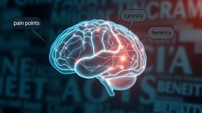 A photorealistic, professional photography shot on a high-end DSLR of a human brain with glowing neural pathways, connected to thought bubbles showing words like 'curiosity', 'urgency', 'benefit', and 'pain points'. Cinematic lighting, sharp focus on the brain, depth of field blurring a background of blurred text. 8K hyper-detailed, showing the psychological process of headline impact.