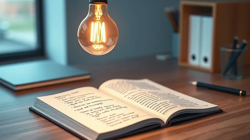A photorealistic image of a bright, glowing lightbulb suspended over a notebook filled with various handwritten headline ideas. The notebook is open on a sleek, minimalist wooden desk. Cinematic lighting from the lightbulb illuminates the ideas, sharp focus on the notebook and lightbulb, with a subtle depth of field blurring the background of a modern, organized workspace. 8K hyper-detailed, professional photography, shot on a high-end DSLR, conveying a moment of creative inspiration and breakthrough.
