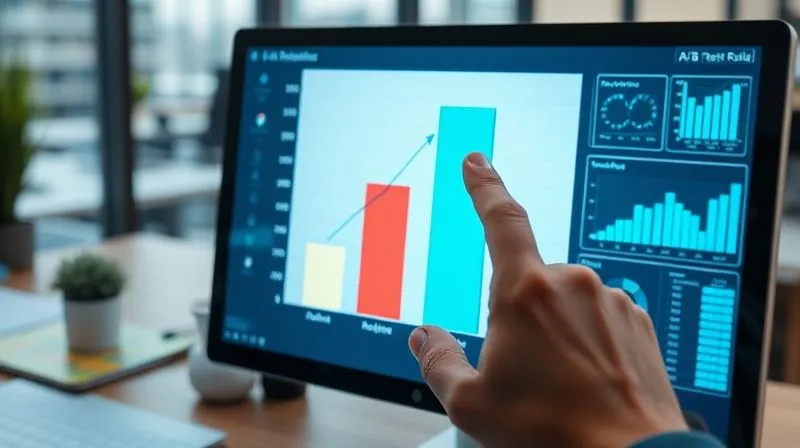 A photorealistic image of two bar graphs side-by-side, one significantly taller and brighter than the other, representing A/B test results. The graphs are on a digital screen, with a hand pointing to the higher bar, surrounded by data analysis tools. Cinematic lighting, sharp focus on the screen and hand, depth of field blurring a modern office background. 8K hyper-detailed, professional photography, shot on a high-end DSLR, symbolizing data-driven decision making and success.