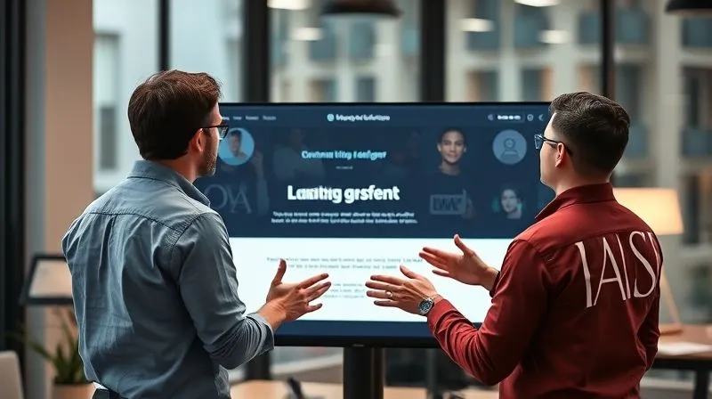 A photorealistic image of a professional copywriter and a graphic designer collaborating intently on a large monitor, which displays a landing page layout. They are actively discussing design elements and text placement, with their hands gesturing towards the screen. The office is modern and well-lit, cinematic lighting, sharp focus on the monitor and the professionals, depth of field blurring the background, 8K hyper-detailed, shot on a high-end DSLR.