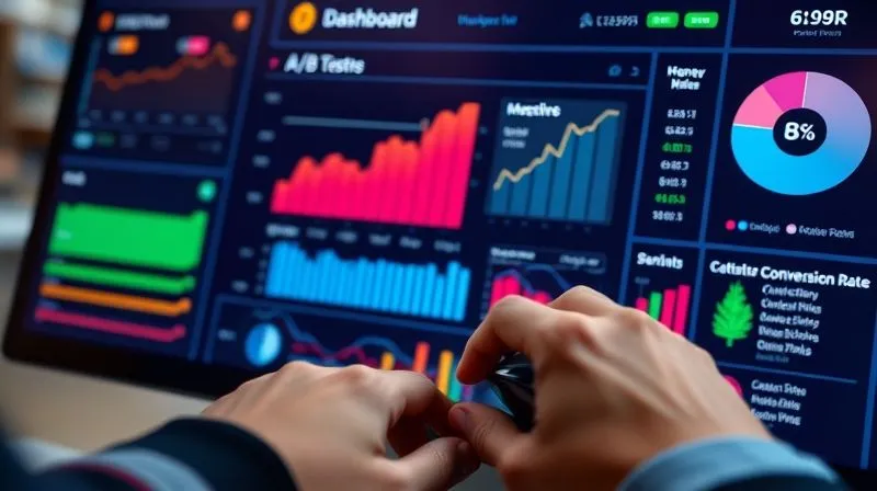 A photorealistic image of a digital dashboard displaying A/B testing results, with clear charts showing a significant increase in conversion rates for the 'B' variant. The screen is vibrant and professional, with data points highlighted. A pair of hands are interacting with a mouse, emphasizing data analysis. Cinematic lighting, sharp focus on the screen, depth of field blurring the background, 8K hyper-detailed, shot on a high-end DSLR.