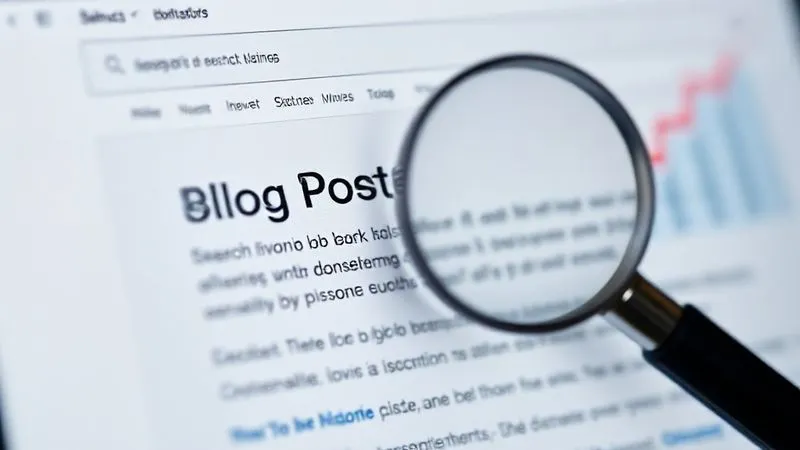A photorealistic representation of a search engine results page (SERP) with a blog post title and meta description highlighted, showing high visibility. There are subtle magnifying glass icons and ranking graphs in the background. Professional photography, 8K, cinematic lighting, sharp focus, depth of field, shot on a high-end DSLR.