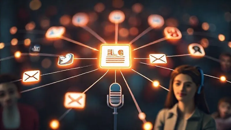 A photorealistic image showing a network of digital content distribution: a central blog post icon connected by glowing lines to social media icons (LinkedIn, Twitter, Instagram), an email marketing symbol, and a podcast microphone, all leading towards client avatars. Professional photography, 8K, cinematic lighting, sharp focus, depth of field, shot on a high-end DSLR.