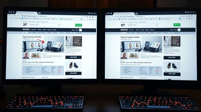 A photorealistic image of a split screen with two slightly different versions of a webpage, one performing better than the other, with an analytical overlay of data points and arrows showing conversion rates. professional photography, 8K, cinematic lighting, sharp focus, depth of field, shot on a high-end DSLR.