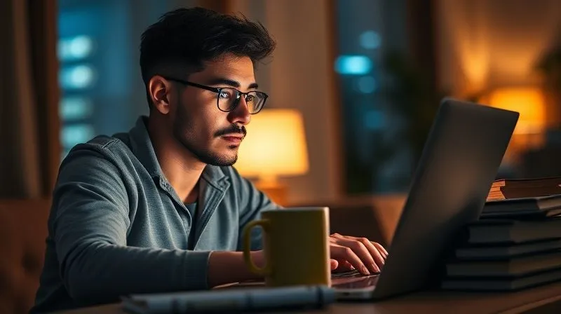 A photorealistic image of a copywriter freelancer working late at night, a warm glow from their laptop illuminating their determined face, a half-empty coffee mug, and a stack of notebooks. Cinematic lighting, sharp focus on the copywriter, depth of field blurring the background, 8K hyper-detailed, professional photography.