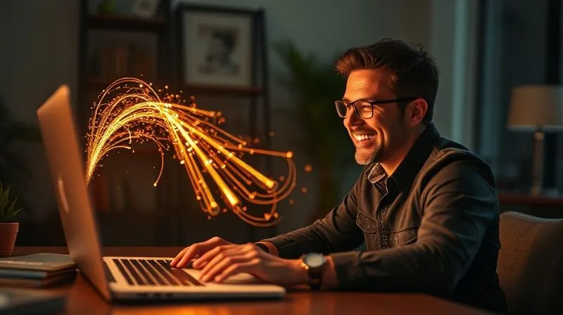 A photorealistic image of a copywriter freelancer looking confidently at a laptop screen, with a complex narrative arc visually represented as a glowing path from the screen towards a satisfied client's face, symbolizing successful storyselling. Cinematic lighting, sharp focus, 8K, professional photography.