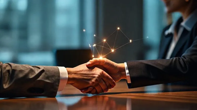 A photorealistic image of two people, one a professional woman in a business suit, the other a client, shaking hands over a table. A subtle, glowing network of lines connects their minds, symbolizing emotional connection and understanding. Cinematic lighting, sharp focus, depth of field, 8K, professional photography, shot on a high-end DSLR.