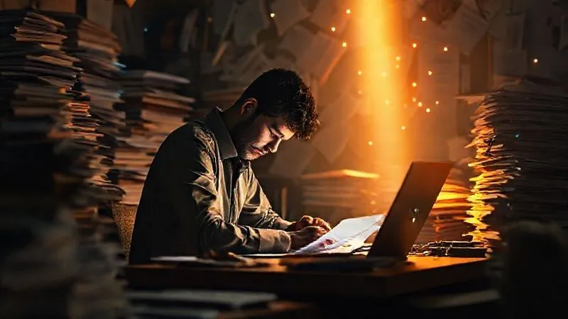 A photorealistic image of a person sitting at a desk, head in hands, surrounded by chaotic stacks of papers and glowing, abstract representations of digital tasks. A single, focused beam of light cuts through the chaos towards a clear path. Cinematic lighting, sharp focus, depth of field, 8K, professional photography, shot on a high-end DSLR.