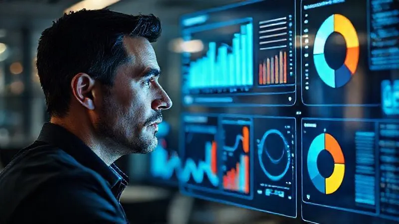 A photorealistic image of a professional data analyst looking at multiple glowing holographic screens displaying various charts and graphs, including a bar chart, a line graph, and a pie chart, all related to marketing performance. The analyst's face shows deep concentration, and the screens cast a soft, cinematic light on their face. Sharp focus on the analyst and screens, depth of field blurring the office background, 8K hyper-detailed, professional photography, shot on a high-end DSLR.