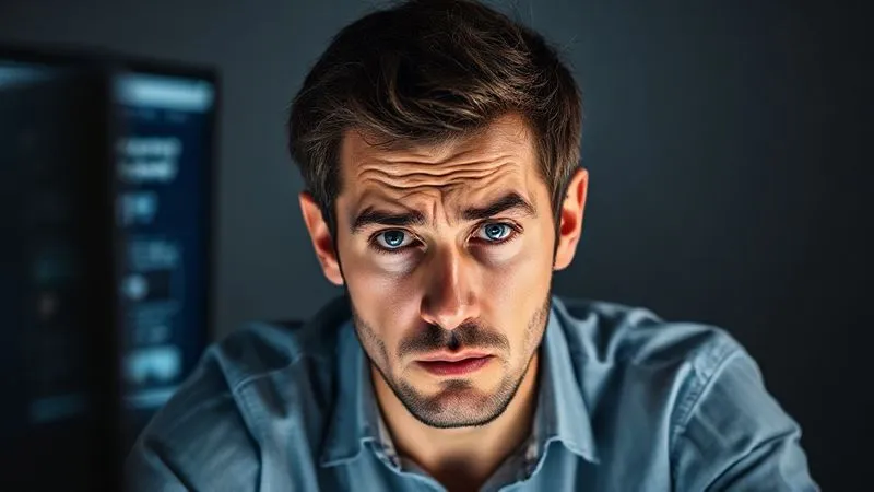 Photorealistic image of a person looking stressed and confused in front of a computer screen, reflecting the pain point of a low-converting landing page. Cinematic lighting, sharp focus, 8K, professional photography.