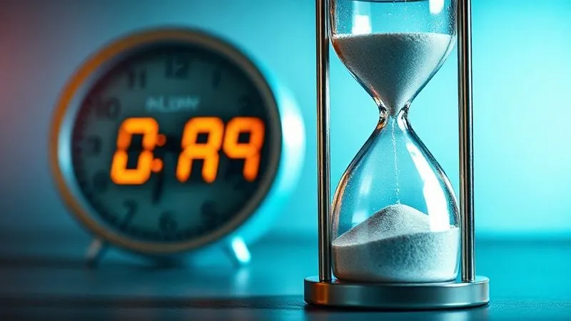 A photorealistic, professional photography image of an hourglass with sand running out, juxtaposed with a digital clock displaying a countdown. The scene conveys a sense of urgency and limited time, with dramatic lighting and sharp focus on the details. 8K, depth of field.