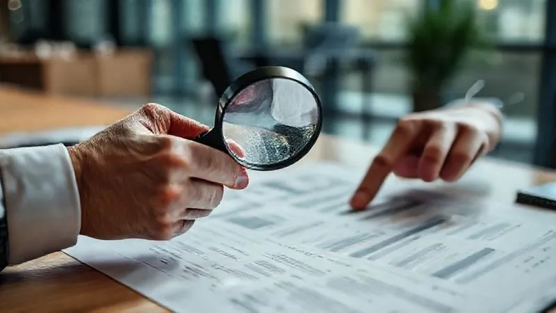 A close-up photorealistic image of two hands, one holding a magnifying glass over a business plan, the other pointing to a section, symbolizing strategic analysis and problem-solving. Cinematic lighting, sharp focus on the documents, depth of field blurring a background of a modern office. 8K hyper-detailed, professional photography, shot on a high-end DSLR.