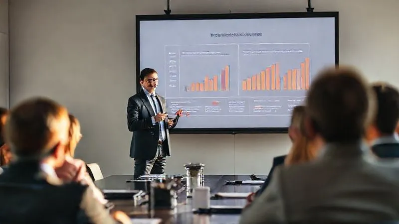 A professional, confident copywriter, male or female, presenting a compelling pitch deck on a large screen in a modern, sunlit boardroom. The presentation slides show graphs and storytelling elements. The focus is on the presenter's engaging posture and the audience's attentive faces. Photorealistic, 8K, cinematic lighting, sharp focus, depth of field. Shot on a high-end DSLR.