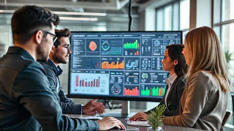 A photorealistic image of a diverse team of marketing professionals (male and female) analyzing a complex dashboard displaying various KPIs (Key Performance Indicators) on a large monitor in a modern, collaborative office space. Focus on their engaged expressions and the data visualization. Cinematic lighting, 8K, sharp focus, depth of field. Professional photography, shot on a high-end DSLR.