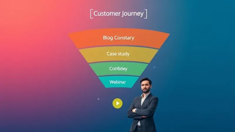 photorealistic, professional photography, 8K, cinematic lighting, sharp focus, depth of field, shot on a high-end DSLR, a visual representation of a customer journey funnel, with different content types (blog, case study, webinar) at each stage, flowing towards a confident copywriter figure at the bottom.