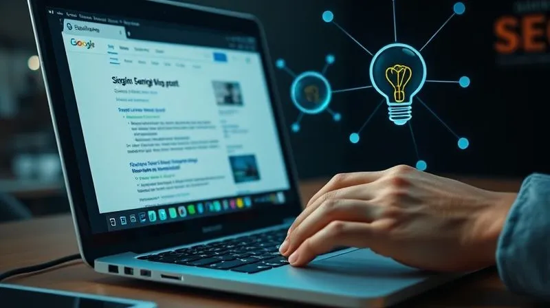 photorealistic, professional photography, 8K, cinematic lighting, sharp focus, depth of field, shot on a high-end DSLR, a person's hand typing on a laptop keyboard, with search engine result pages (SERP) visible on the screen, highlighting a high-ranking blog post title. Abstract digital lines connect the laptop to a magnifying glass and a lightbulb, symbolizing SEO and discoverability.