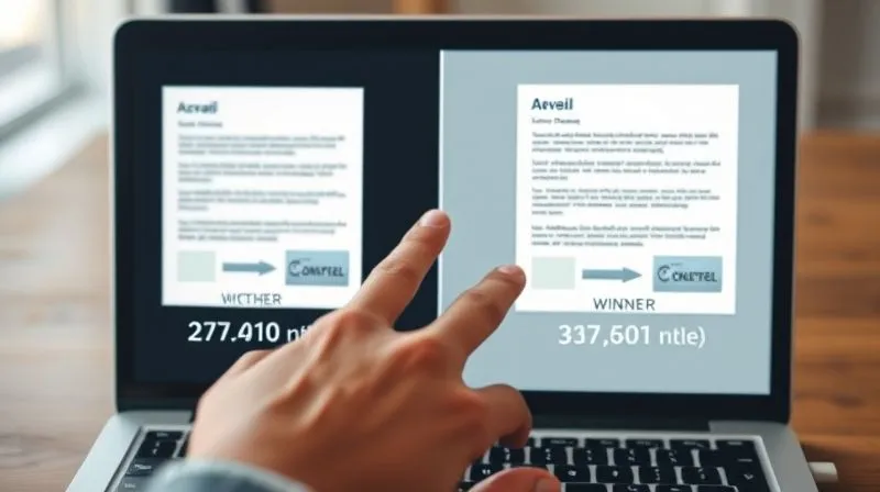 A photorealistic image of a split screen displaying two different versions of a digital ad copy (A and B), with a clear 'winner' indicator on one side. Data points like CTR, Conversion Rate, and ROI are highlighted below each version. A hand is pointing to the winning ad. Cinematic lighting, sharp focus on the comparison, depth of field blurring a laptop keyboard. 8K hyper-detailed, professional photography, shot on a high-end DSLR.